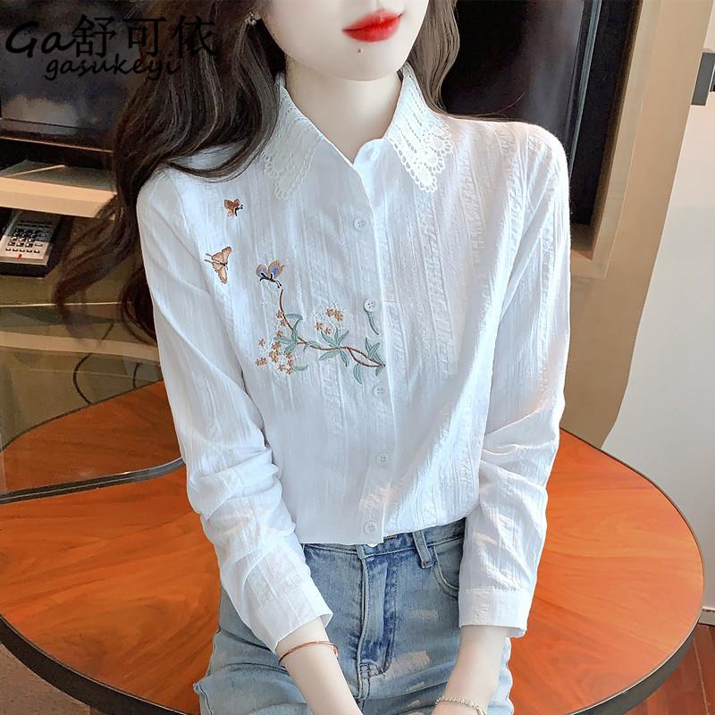 香港TIMO时尚刺绣纯棉衬衫2025新款长袖全棉衬衫女士洋派上衣春秋
