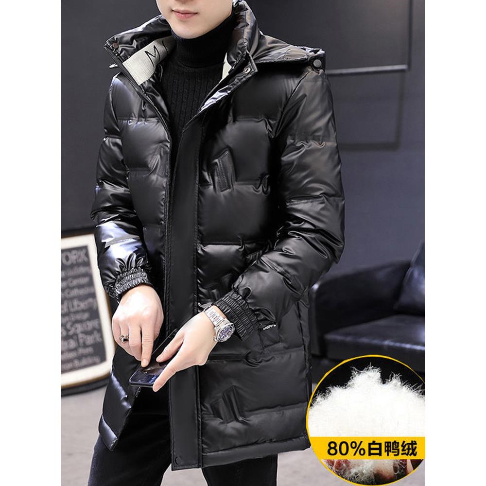 羽绒服男中长款2024新款冬季休闲亮面轻薄白鸭绒大码冬装连帽外套