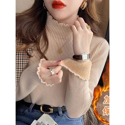 韩国半高领一体绒打底衫女内搭秋冬加绒加厚毛衣洋气木耳边针织衫