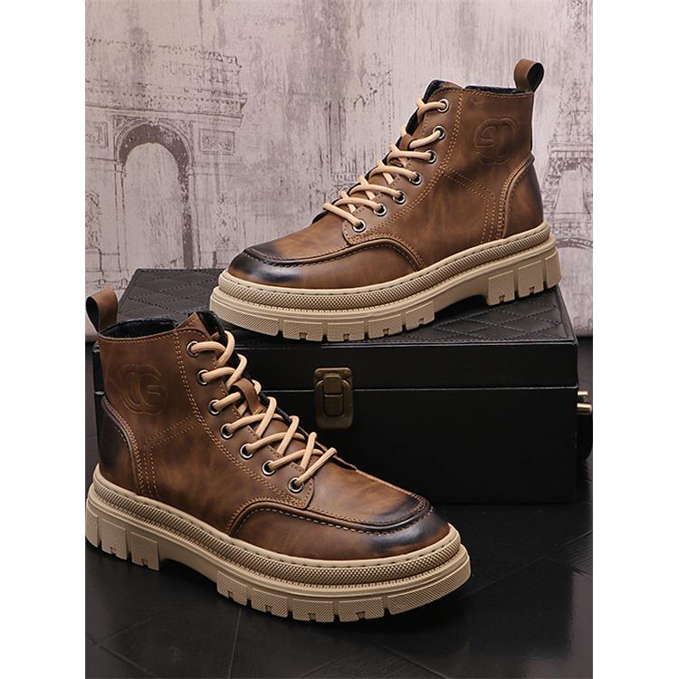 潮牌秋冬季新款马丁靴高帮皮鞋覆古休闲短靴英伦风增高系带工装鞋