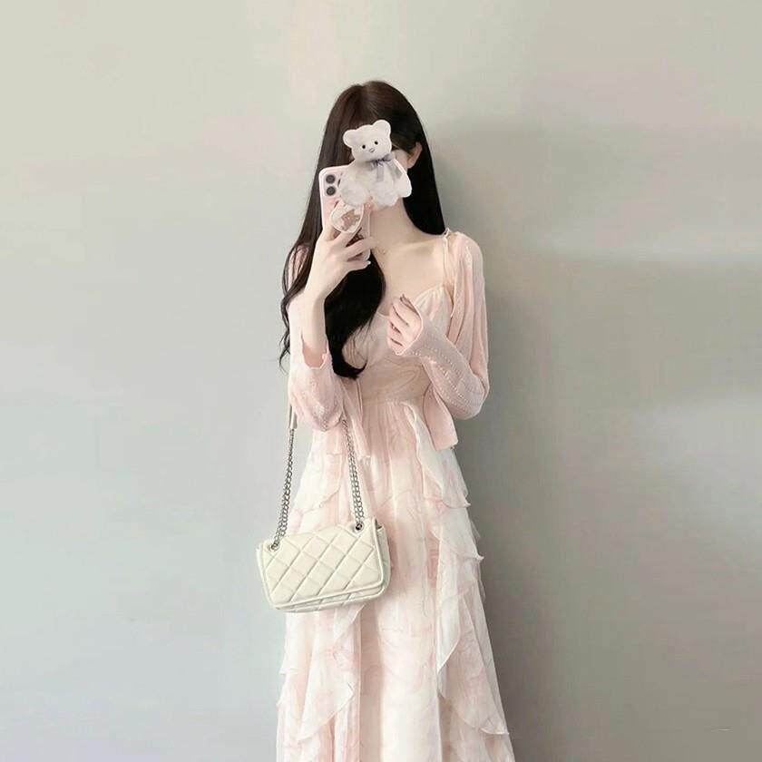 欧洲站2024年早秋新款今年流行开衫吊带长裙森系连衣裙两件套装女