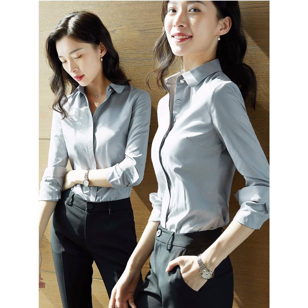 欧洲站灰色衬衫女设计感小众2024年春秋季新款职业装加绒长袖上衣