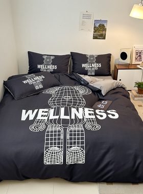 潮牌网红水洗棉暴力熊kaws学生宿舍黑色个性床单被套床上三四件套