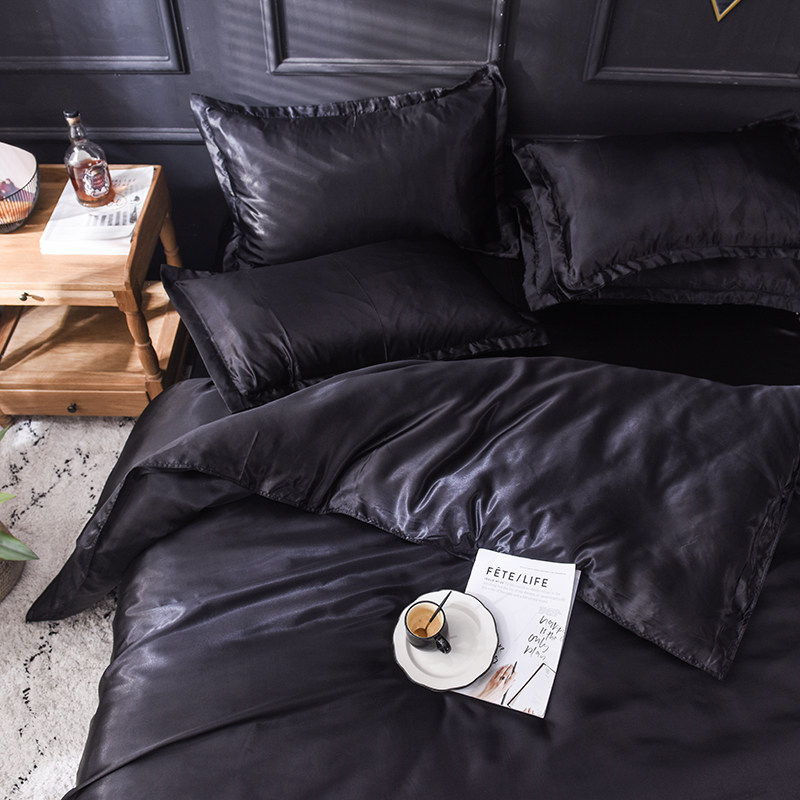 夏季外贸款黑色水洗真丝绸冰丝男生简约耐脏裸睡床单被套三四件套