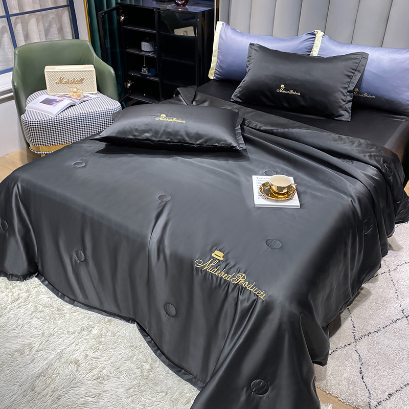 夏季外贸款黑色水洗真丝绸冰丝夏被四件套男生宿舍床单床笠夏凉被