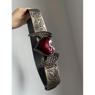 Vintage恶魔之翼~小众印花爱心水钻腰带女复古鎏金亚比牛仔裤皮带