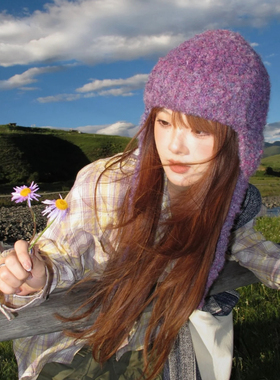 川西旅游！烟紫色针织帽可爱彩色渐变圈圈纱护耳雷锋帽绑带飞行帽