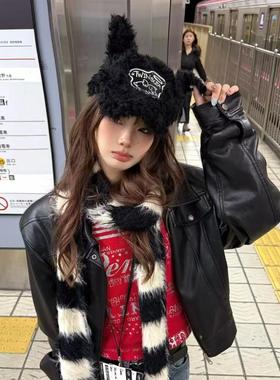 暴走日记~Y3K别碰我辣妹兔耳朵棒球帽女冬季保暖亚比设计毛绒帽子