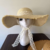 超大帽檐度假蕾丝系带编织草帽女夏季 出游防晒遮阳帽海边沙滩帽子