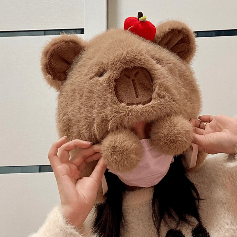 卡皮巴拉水豚豚宝宝棕色毛绒帽子女生冬季保暖卡通头套红苹果可爱,服饰配件/皮带/帽子/围巾,帽子,淘宝优惠券,粉丝福利购,淘宝优惠卷