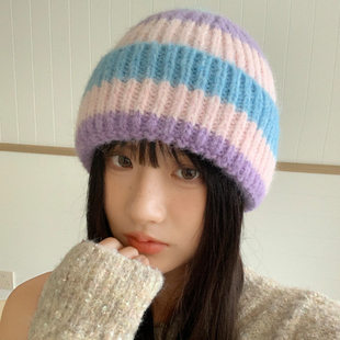 新品速递~秋冬新款彩色条纹弹力包头帽女粗线保暖护耳帽百搭冷帽