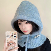 含羊毛韩国巴拉克拉法帽针织女冬季 定制款 baby蓝 保暖毛线一体帽i
