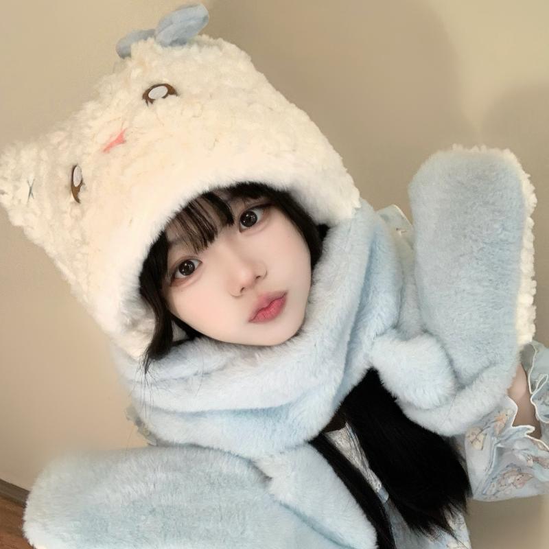 baby蓝蝴蝶结猫咪护耳围脖帽子手套一体女生冬季保暖加绒连帽围巾