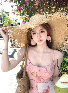 浅春系泰兰德度假风手工拉菲草帽女夏季海边出游大帽檐遮阳沙滩帽