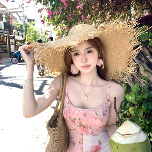 海邊出游大帽檐遮陽沙灘帽 淺春系泰蘭德度假風手工拉菲草帽女夏季