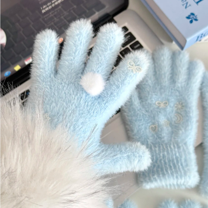 初雪星星~韩系冬日元素毛绒绒珍珠蝴蝶结分指手套女保暖防寒防冻