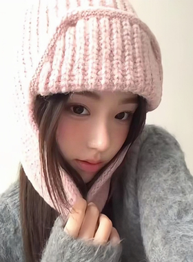日系可爱新款粉色护耳针织毛线帽子女生冬季显脸小保暖护耳雷锋帽