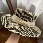 法式 高级感纸草棉麻织带老钱风草帽出游旅行平顶黑白拼色遮阳帽