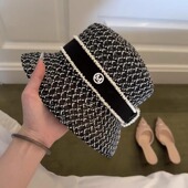 版 名媛小香风镂空黑白拼色草编水桶渔夫帽女春夏缎带盆帽 型超正