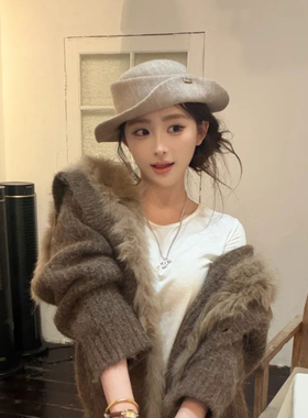 老钱绅士风~冬季新款翘边金属标针织礼帽女名媛气质显脸小渔夫帽