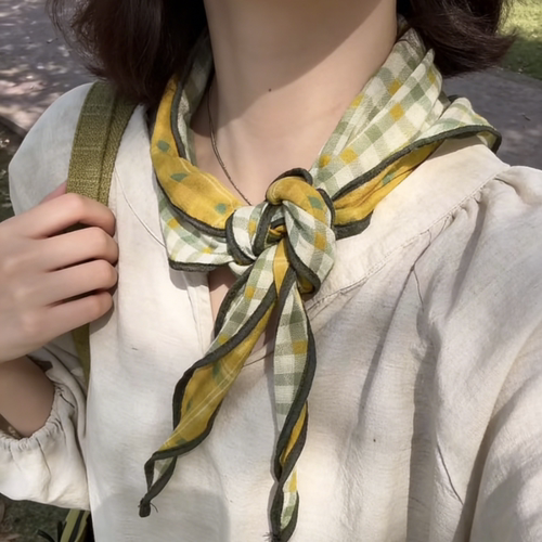双面戴春日嫩黄格子小方巾女夏季棉质丝巾百搭装饰领巾绿系脖配饰