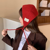 小红帽 复古贴布标针织护耳保暖耳套百搭甜美耳罩女系带毛线耳暖