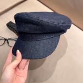 秋冬季 简约显瘦法式 复古深色牛仔蓝平角帽子女新款 帽子软顶报童帽