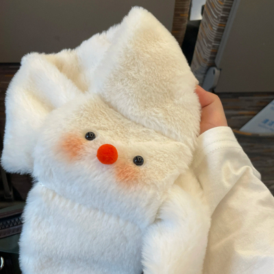 害羞雪人~可爱卡通冬季加厚保暖毛茸交叉围巾女甜美百搭护颈围脖