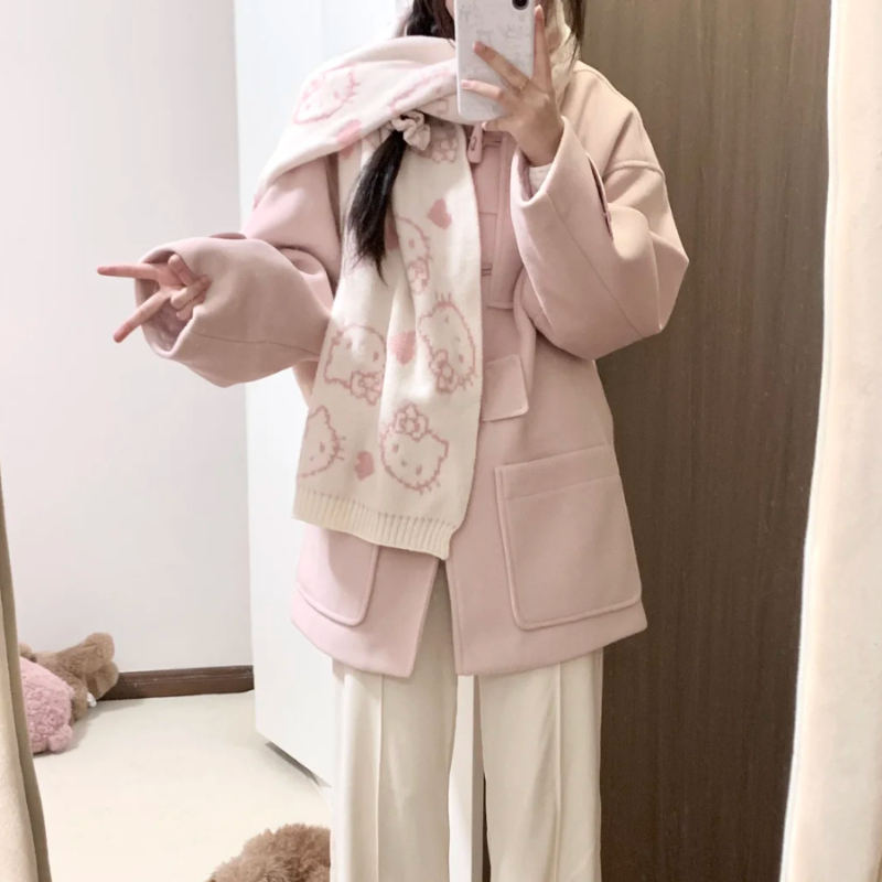 韩系甜美风~kt猫针织双面围巾女秋冬季加厚保暖披肩百搭流苏围脖