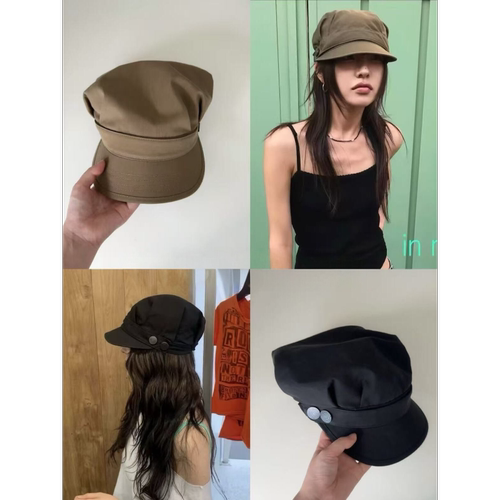 出口韩单！失序复古工装风平顶马术帽女金属扣画家帽设计感报童帽