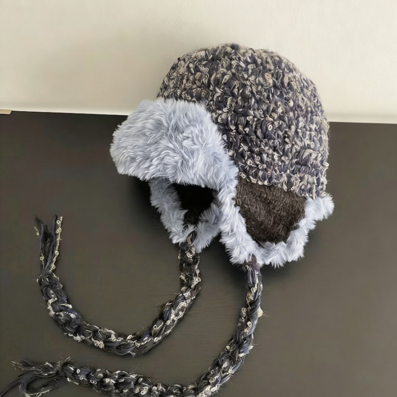 韩版手工钩织圈圈绒麻花系带雷锋帽女冬季复古混色保暖百搭护耳帽