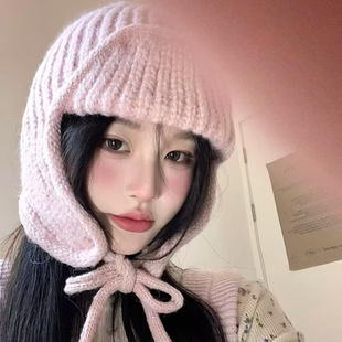 粉色护耳针织毛线帽女生2024秋冬季显脸小保暖飞行雷锋帽韩系氛围