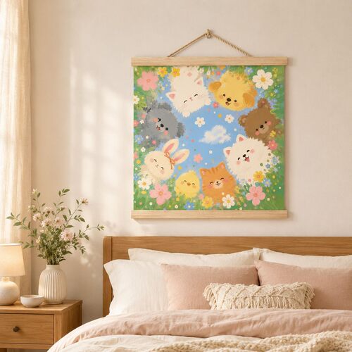可爱小猫小狗挂画卡通高颜值卧室客厅沙发背景装饰画清新卷轴宿舍