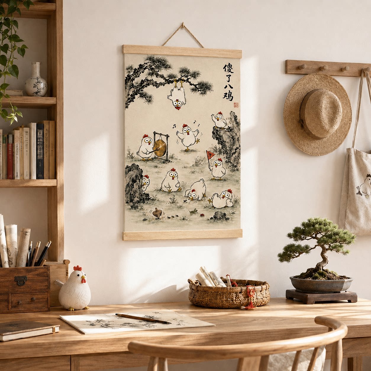水墨风傻了八鸡搞笑挂画快乐客厅现代装饰画
