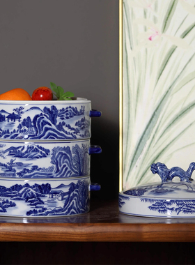 茶叶罐陶瓷青花瓷三层零食罐新中式摆件样板房糖果盒装饰茶室摆件