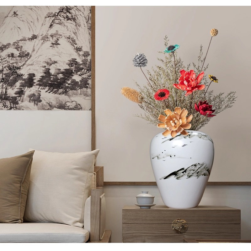 书画缸卷轴缸字画筒花插落地陶瓷大花瓶白色水墨插花装饰古典摆件