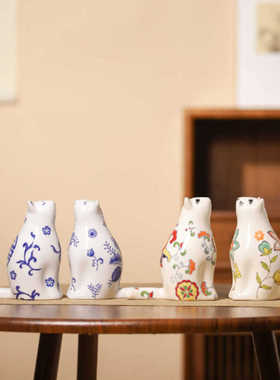 现代青花瓷陶瓷猫咪摆件办公室客厅玄关装饰品工艺品乔迁新居送礼