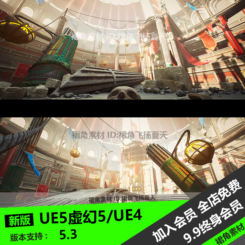 UE5虚幻4幻想游戏罗马角斗士竞技场场景环境柱子建筑道具旗帜模型