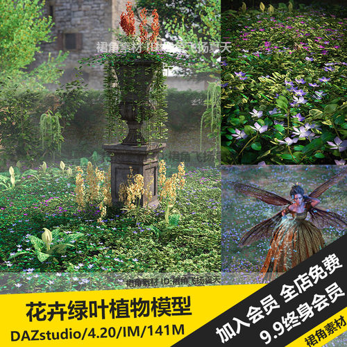 DAZ3D Studio 花卉绿叶植物模型常春藤吊篮花簇五瓣花 游戏3d素材