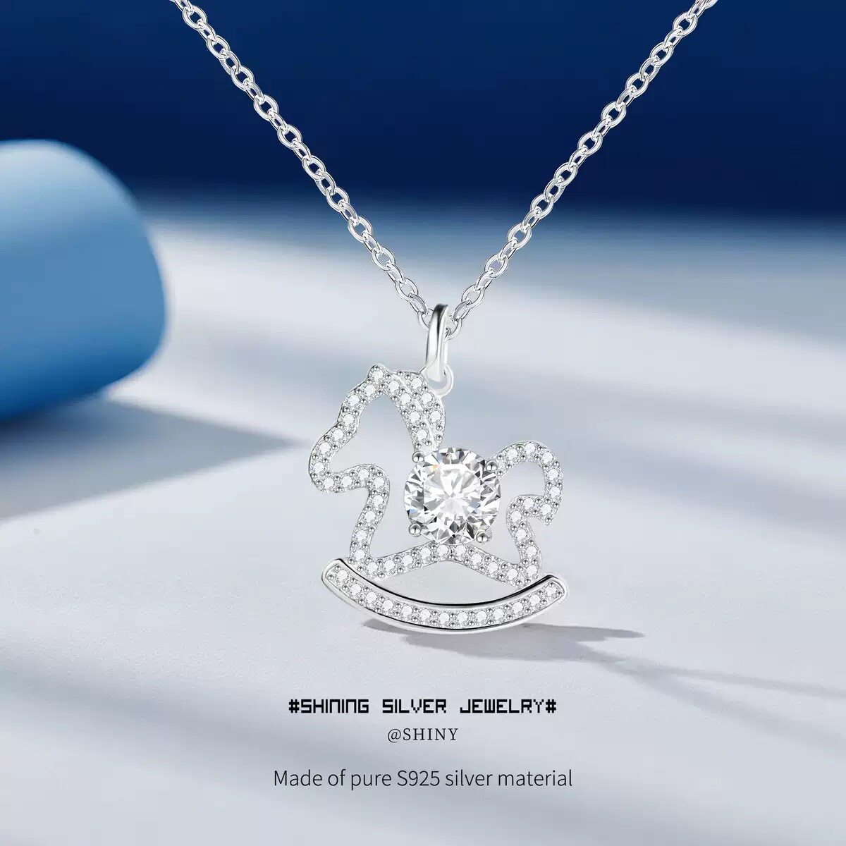 S925纯银小木马项链女镶钻吊坠小众轻奢不掉色小红书热销