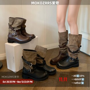 【mokozrrs茉苛】靴子女2026秋季新款拼色皮带扣堆堆靴粗跟长靴