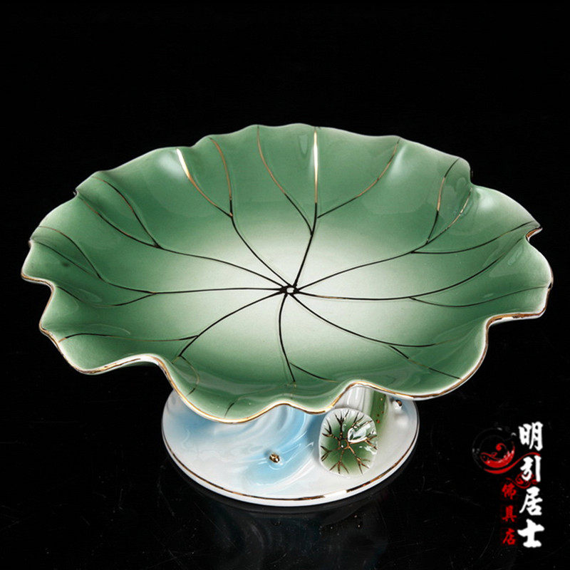佛堂用品 陶瓷莲花供果盘莲花无字高脚供佛果碟浮雕青莲供盘包邮