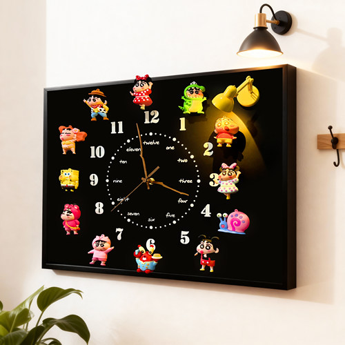 电表箱装饰画蜡笔小新卡通可爱时钟挂钟创意盲盒收纳磁吸黑板挂画