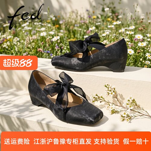 fed商场同款2026新款芭蕾鞋网纱蝴蝶结交叉绑带坡跟复古通勤单鞋