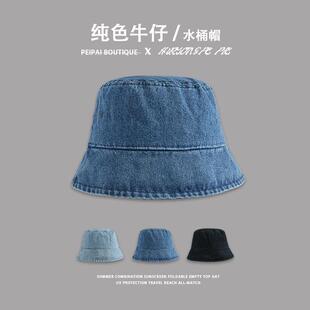 特猫柔 深海 薄水洗牛仔渔夫帽子女日系搭配ins通勤遮阳防晒盆帽