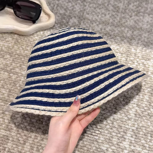 时尚天然麻绳藏蓝色藤编条纹渔夫帽遮阳帽春夏新款洋气防晒盆帽女