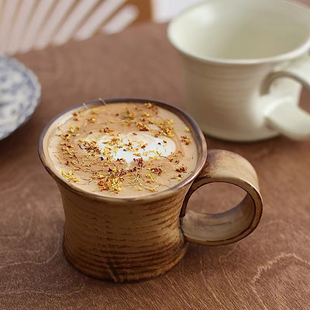 兔七月|复古粗陶咖啡杯窑变釉陶瓷猪口杯拿铁拉花杯把手茶杯水杯