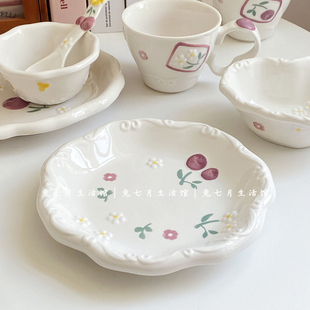 兔七月|陶瓷餐具套装彩绘浮雕盘子小碗甜品水果盘沙拉碗米饭汤碗
