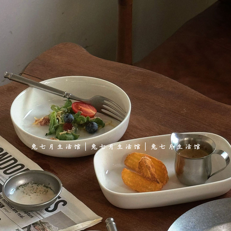 兔七月|日式极简长方形白色陶瓷盘圆形沙拉盘甜品碗高颜值小吃盘,餐饮具,盘,淘宝优惠券,粉丝福利购,淘宝优惠卷