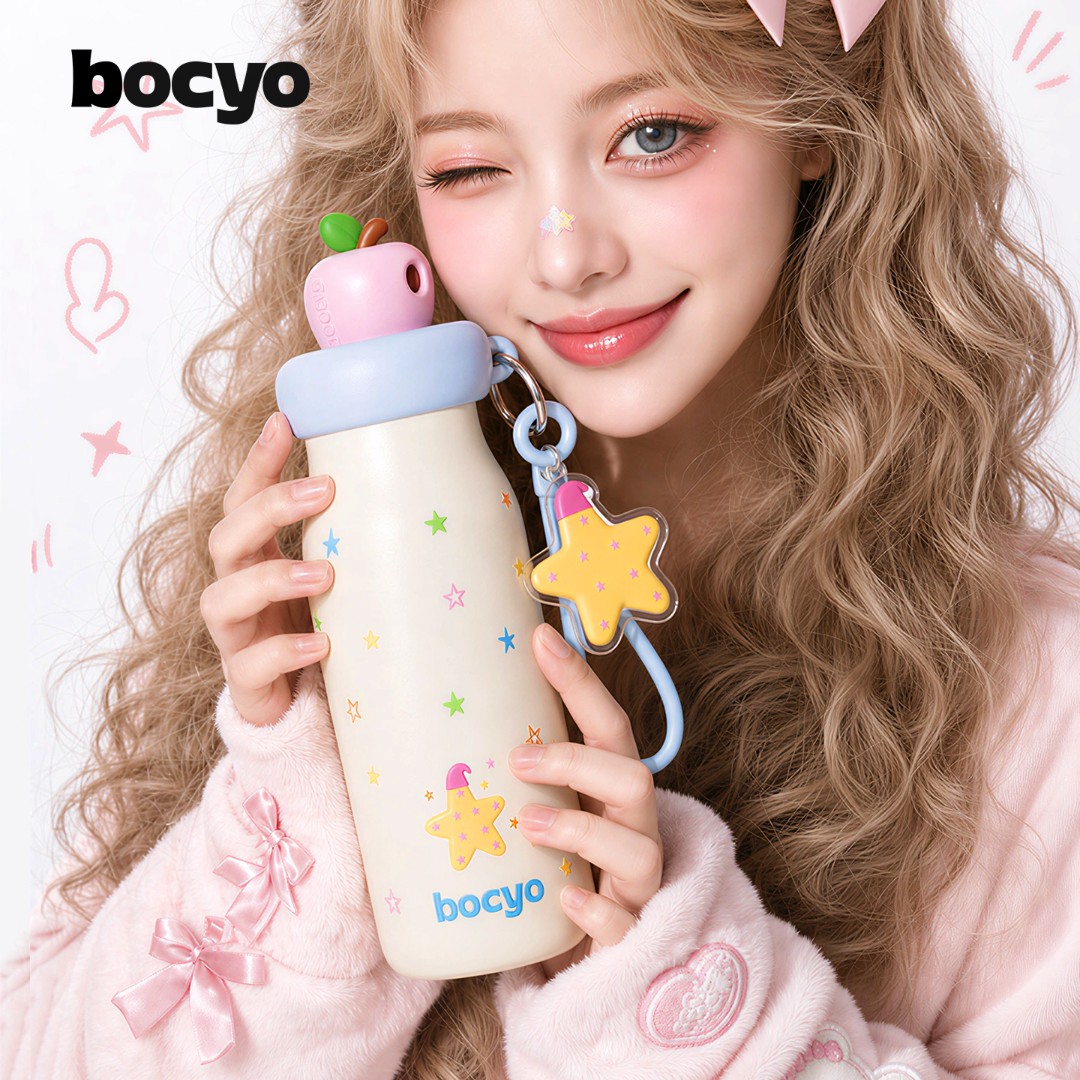 bocyo女生苹果保温杯不锈钢吸管图片